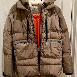 OROLAY Olive Green Women's Puffer Jacket with Orange Contrasting Interior.